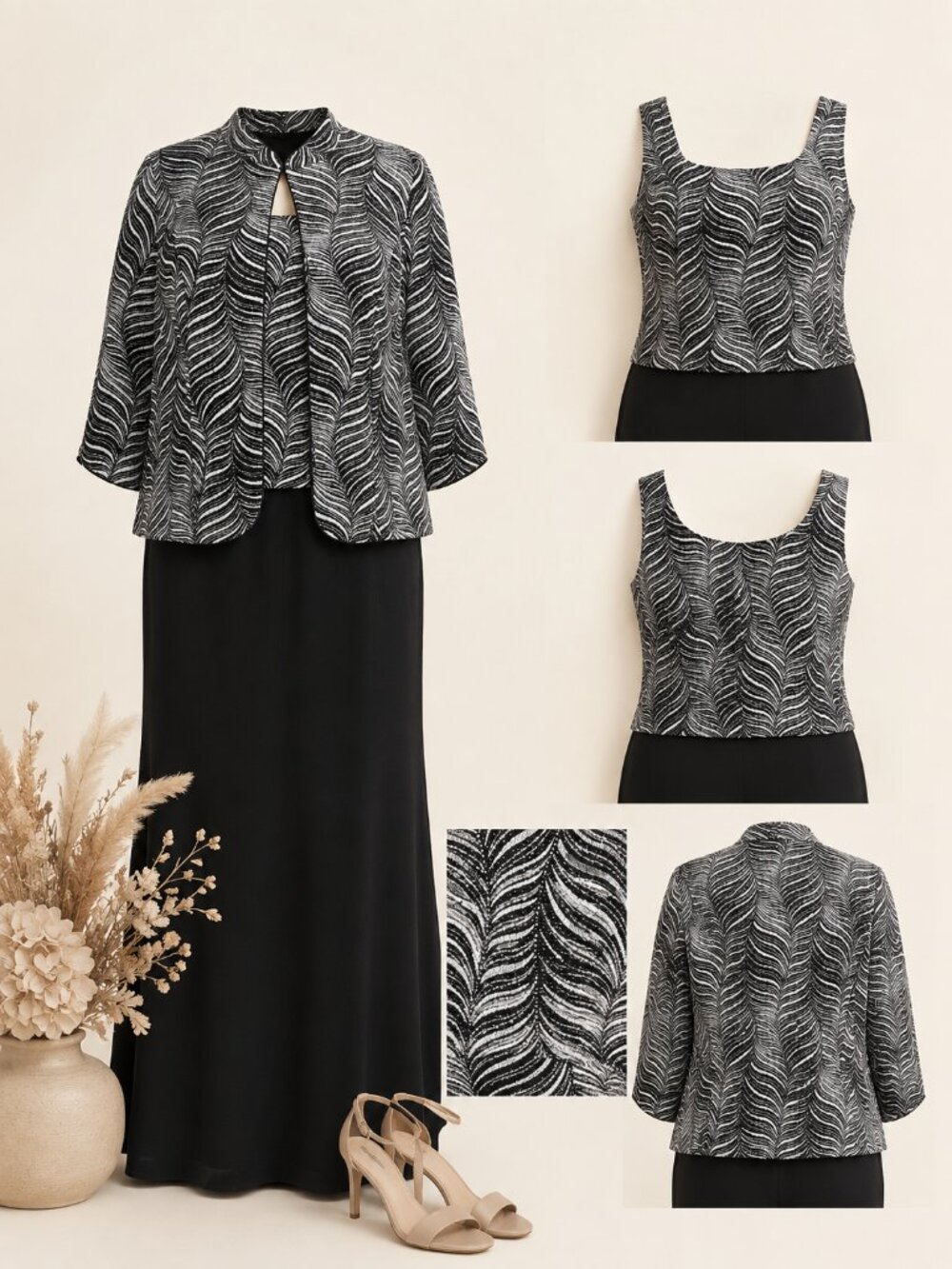 Alex Evenings Black White Printed Mandarin Jacket Tank Twinset 2X NWT